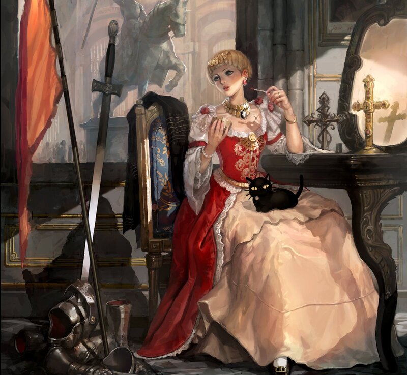 Woman in Red Dress — Dramatic, Digital Art, Black Cat, Sword