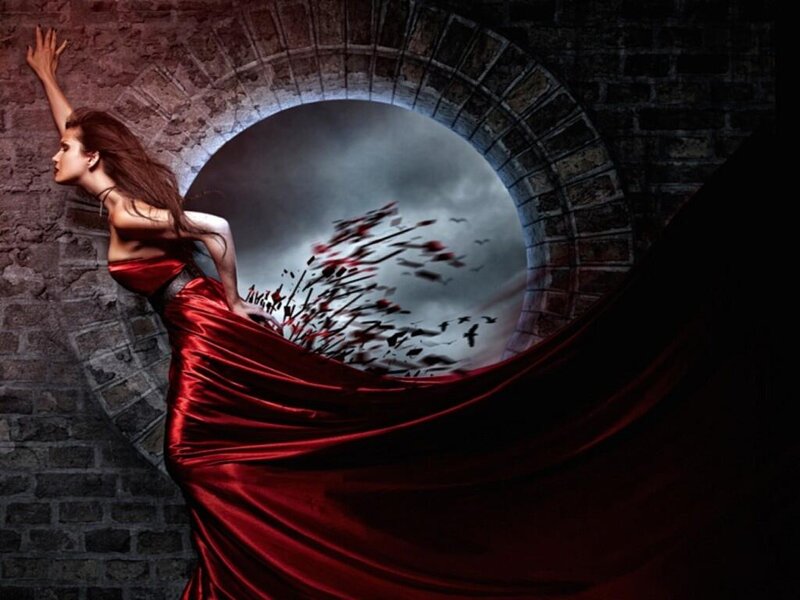 Woman in Red Dress — Dramatic, Digital Art, Brick Wall