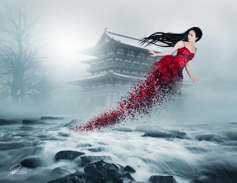 Woman in Red Dress — Dramatic, Digital Art, Building