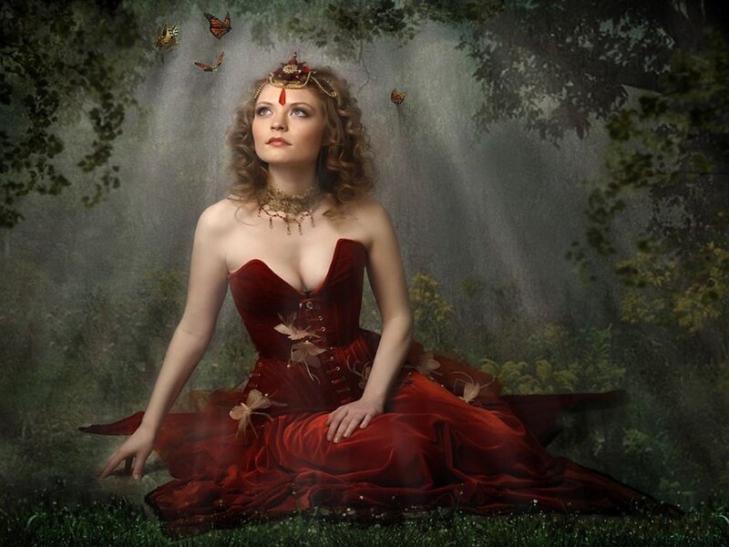 Woman in Red Dress — Dramatic, Digital Art, Butterflies, Forest