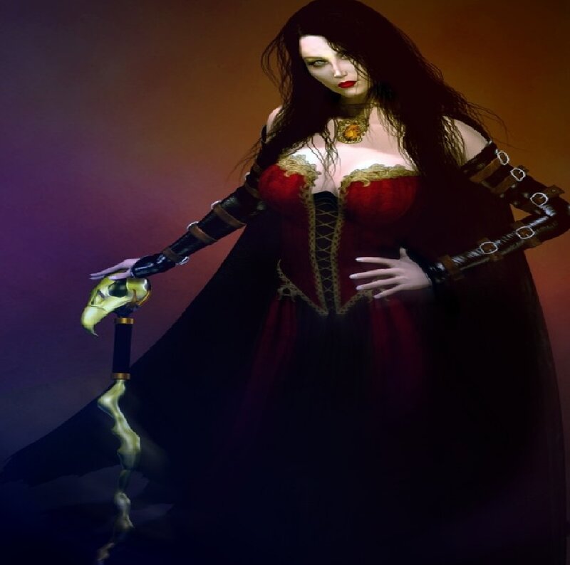 Woman in Red Dress — Dramatic, Digital Art, Cane
