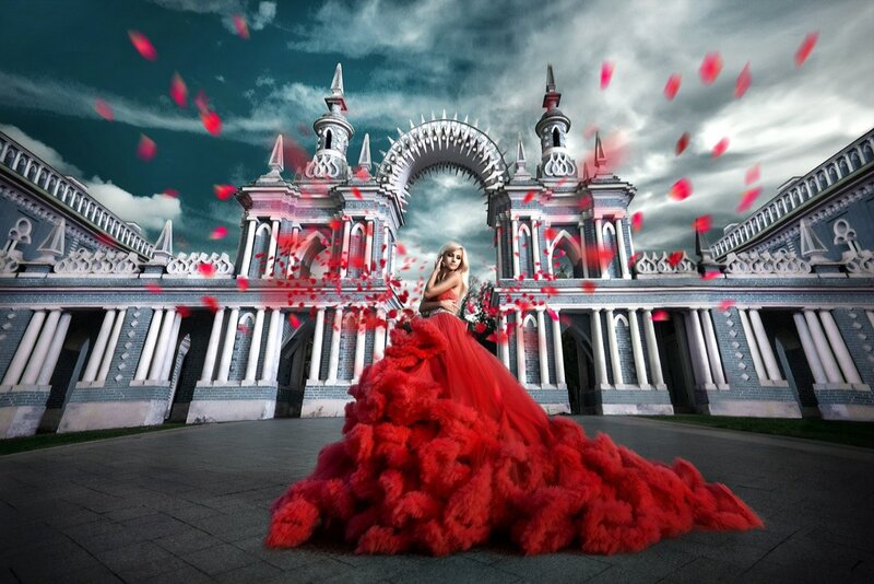 Woman in Red Dress — Dramatic, Digital Art, Castle