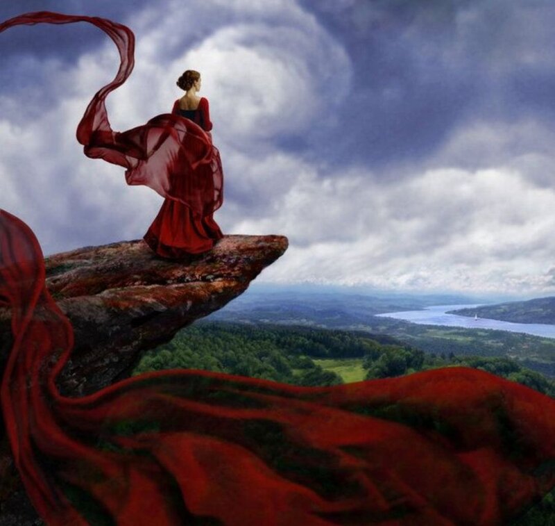 Woman in Red Dress — Dramatic, Digital Art, Cliff