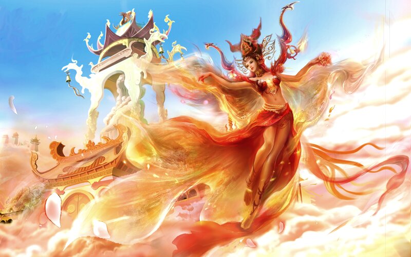 Woman in Red Dress — Dramatic, Digital Art, Clouds, Palace
