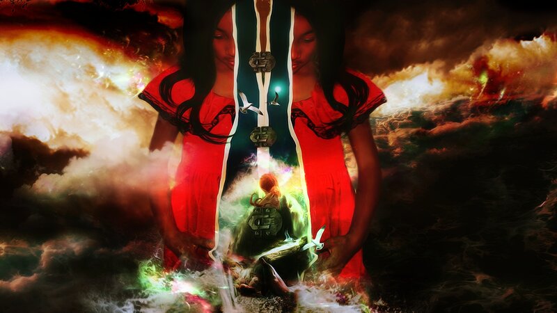 Woman in Red Dress — Dramatic, Digital Art, Clouds, Sword