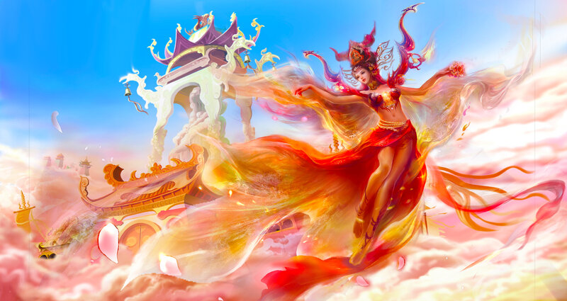 Woman in Red Dress — Dramatic, Digital Art, Clouds, Temple
