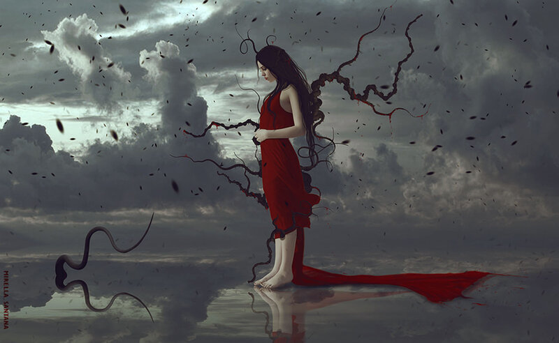 Woman in Red Dress — Dramatic, Digital Art, Clouds, Tentacles