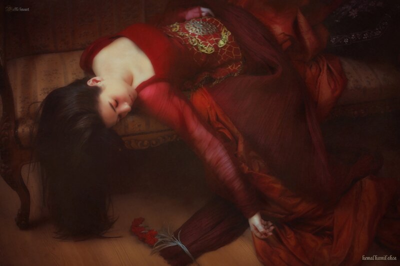 Woman in Red Dress — Dramatic, Digital Art, Couch