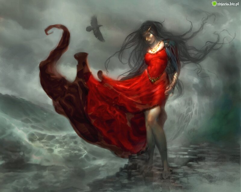 Woman in Red Dress — Dramatic, Digital Art, Crows