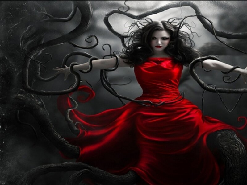 Woman in Red Dress — Dramatic, Digital Art, Dark Branches