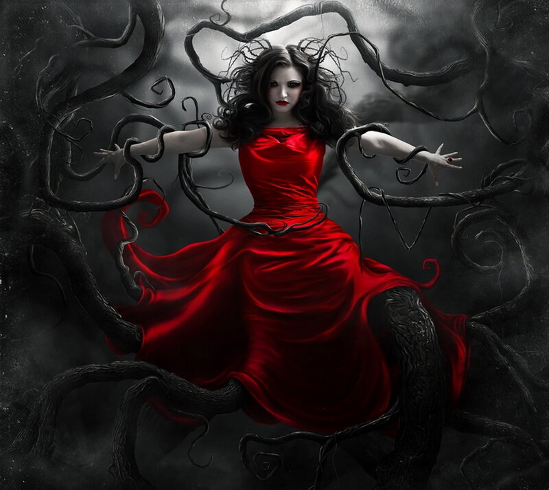 Woman in Red Dress — Dramatic, Digital Art, Dark Vines