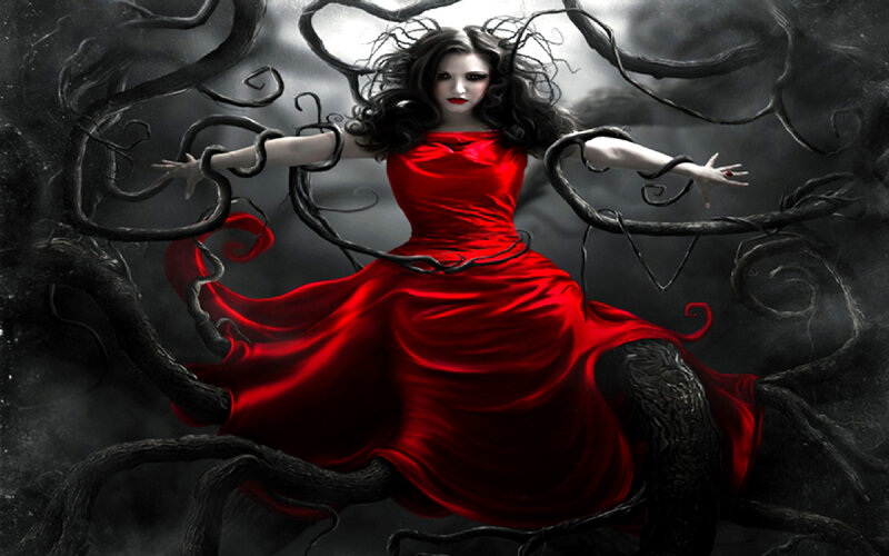 Woman in Red Dress — Dramatic, Digital Art, Demon