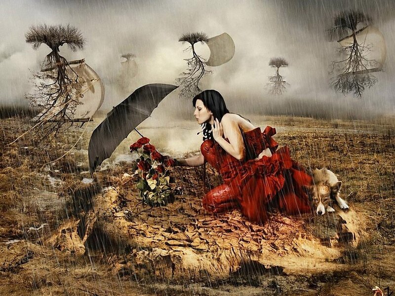 Woman in Red Dress — Dramatic, Digital Art, Dog, Umbrella, Flowers, Brown