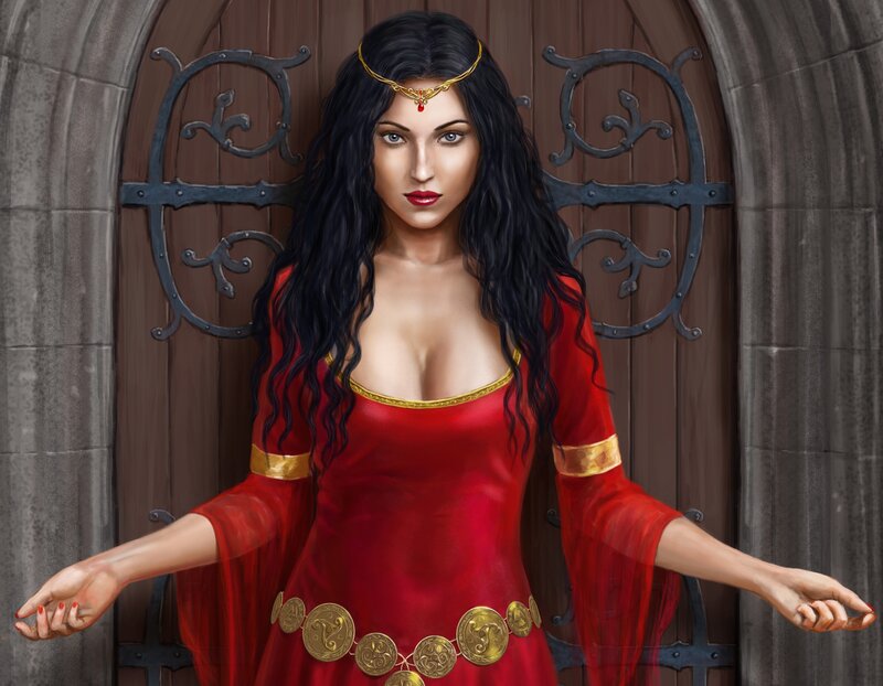 Woman in Red Dress — Dramatic, Digital Art, Door, Crown