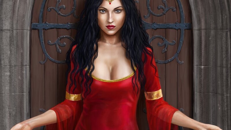 Woman in Red Dress — Dramatic, Digital Art, Door, Stone Wall