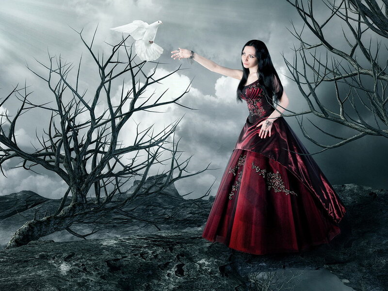 Woman in Red Dress — Dramatic, Digital Art, Dove, Bare Tree