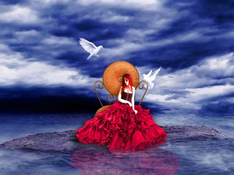 Woman in Red Dress — Dramatic, Digital Art, Doves