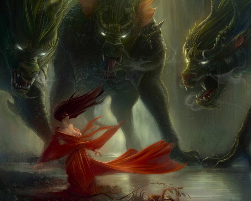 Woman in Red Dress — Dramatic, Digital Art, Dragons