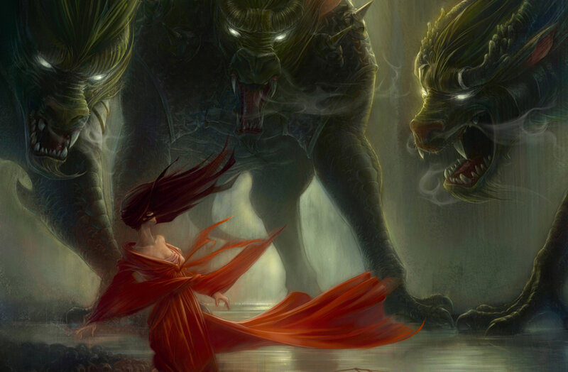 Woman in Red Dress — Dramatic, Digital Art, Dragons, Water