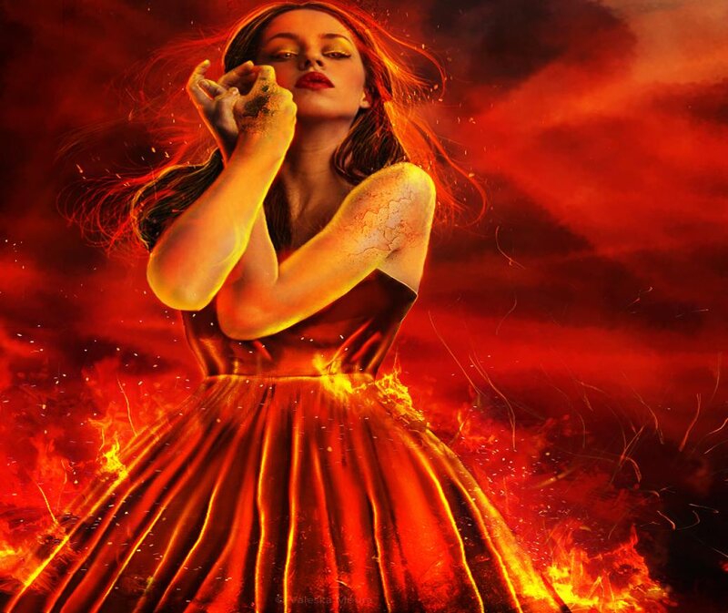 Woman in Red Dress — Dramatic, Digital Art, Fire, Hair