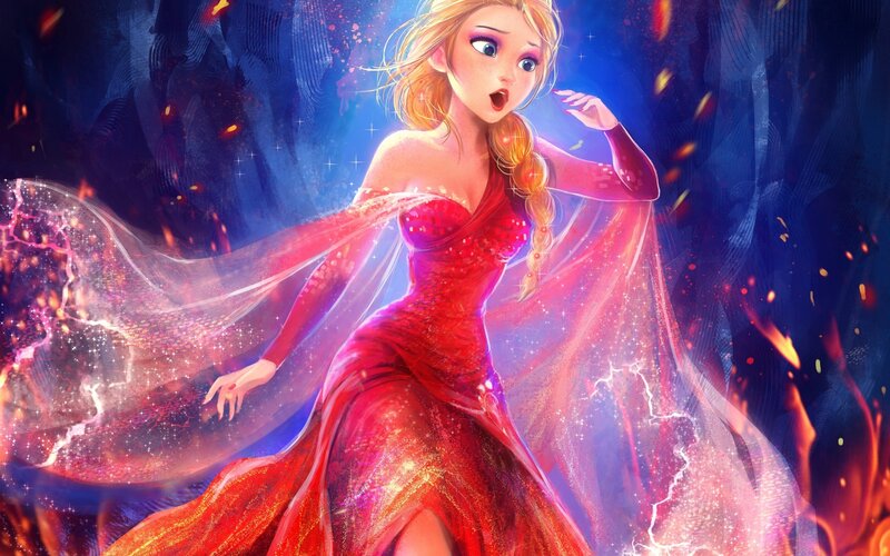 Woman in Red Dress — Dramatic, Digital Art, Fire, Lightning