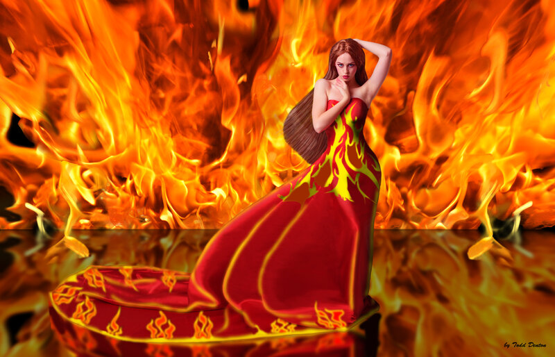 Woman in Red Dress — Dramatic, Digital Art, Fire, Reflection