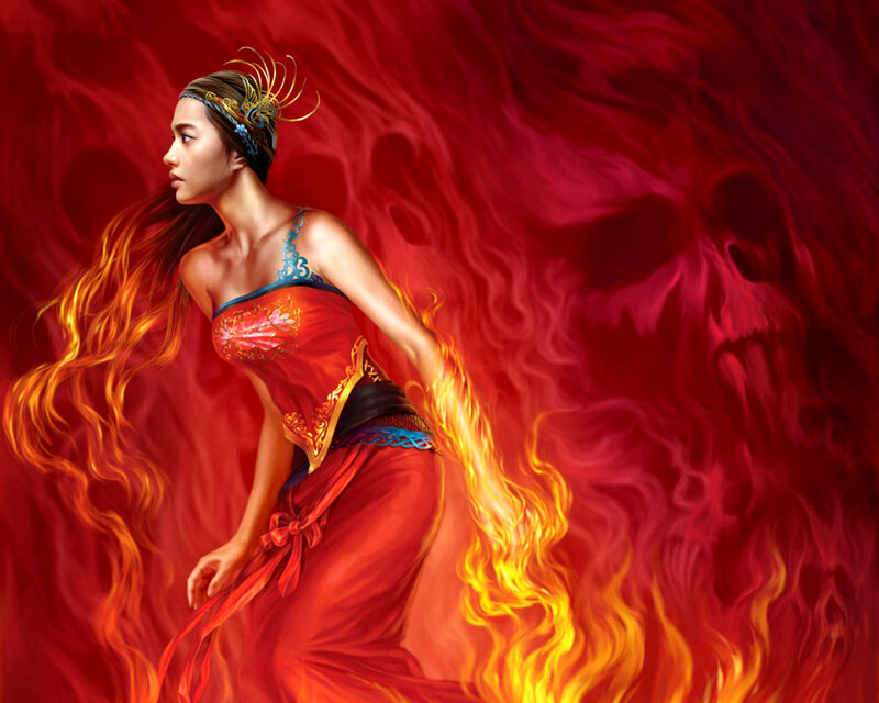 Woman in Red Dress — Dramatic, Digital Art, Fire, Skull, Headpiece
