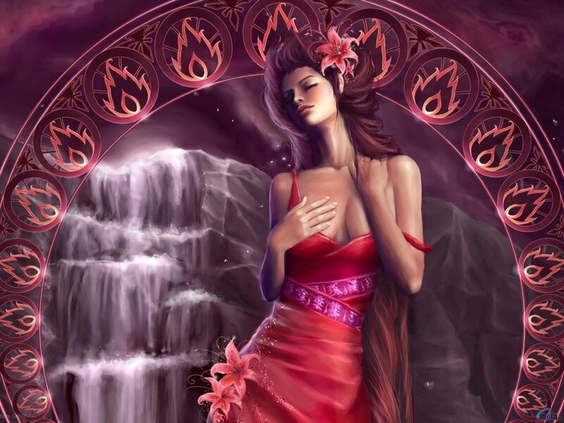 Woman in Red Dress — Dramatic, Digital Art, Fire Symbols