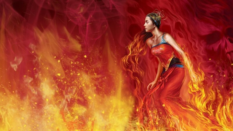 Woman in Red Dress — Dramatic, Digital Art, Fire