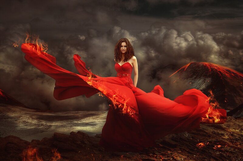 Woman in Red Dress — Dramatic, Digital Art, Fire, Volcano, Clouds