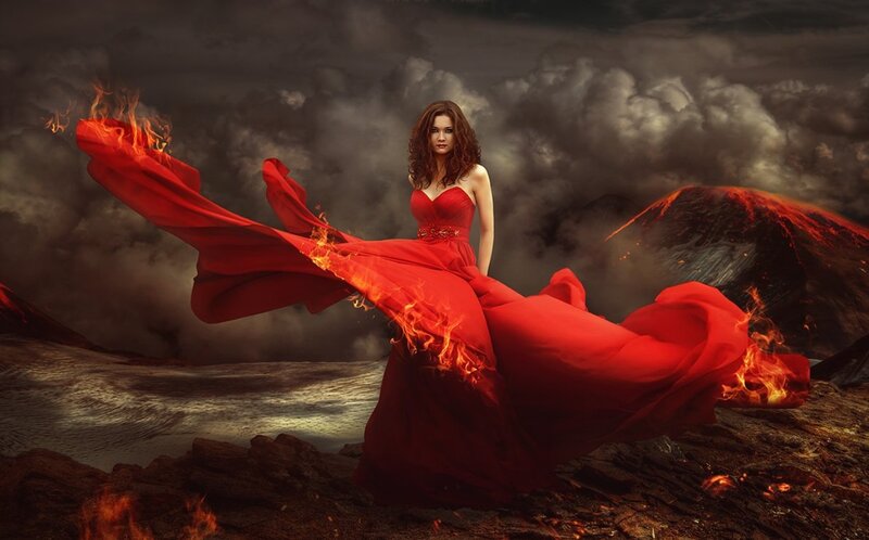 Woman in Red Dress — Dramatic, Digital Art, Fire, Volcano