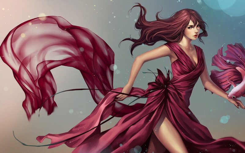 Woman in Red Dress — Dramatic, Digital Art, Fish