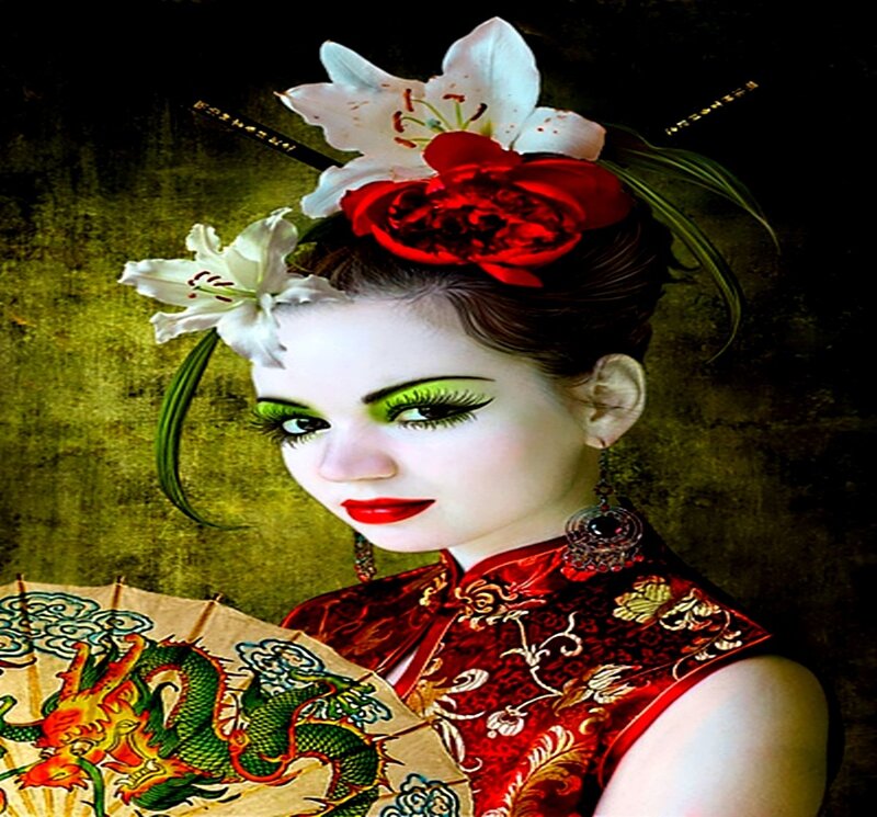 Woman in Red Dress — Dramatic, Digital Art, Flower Crown