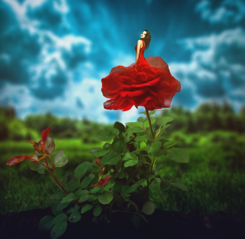 Woman in Red Dress — Dramatic, Digital Art, Flower, Sky