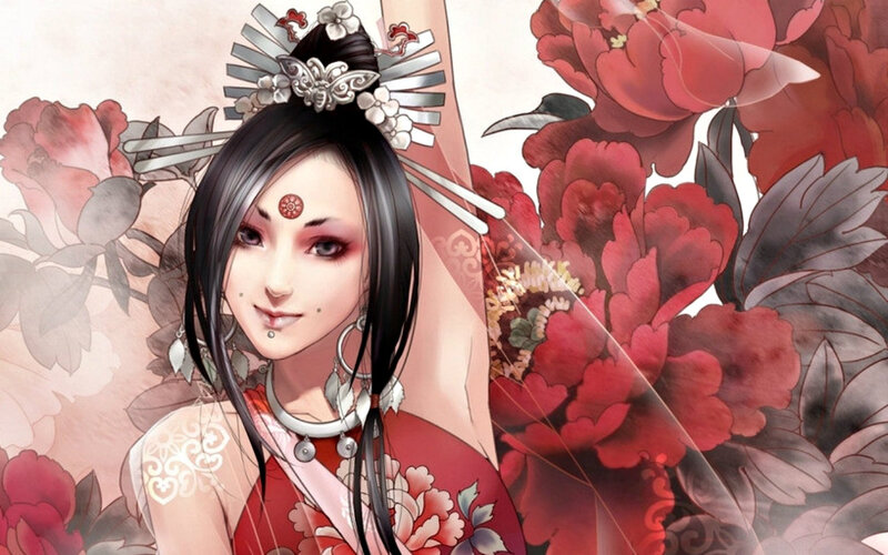 Woman in Red Dress — Dramatic, Digital Art, Flowers, Headpiece