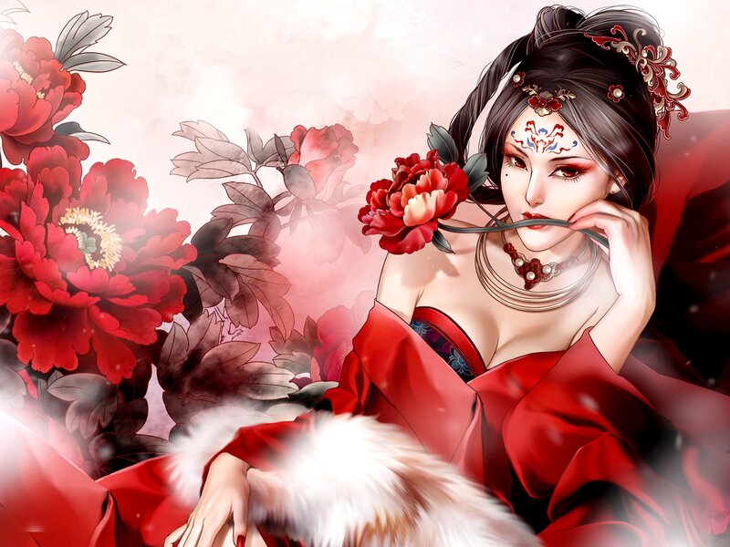 Woman in Red Dress — Dramatic, Digital Art, Flowers, Makeup