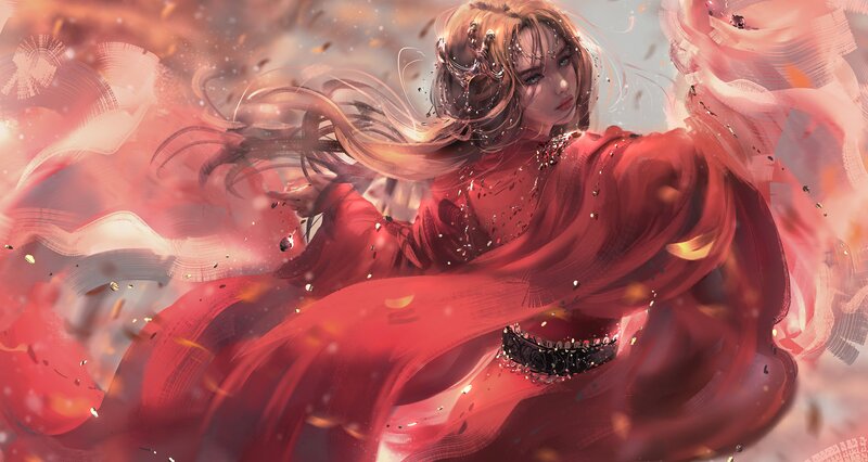 Woman in Red Dress — Dramatic, Digital Art, Flowing Hair