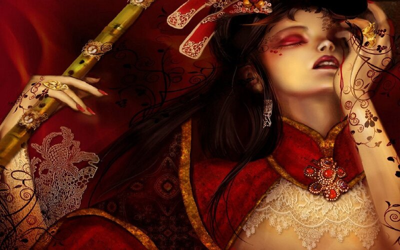 Woman in Red Dress — Dramatic, Digital Art, Flute