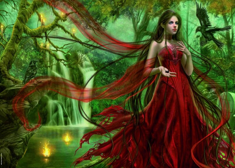 Woman in Red Dress — Dramatic, Digital Art, Forest