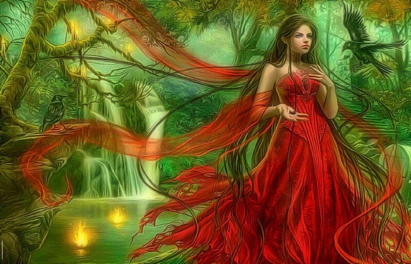 Woman in Red Dress — Dramatic, Digital Art, Forest, Waterfall