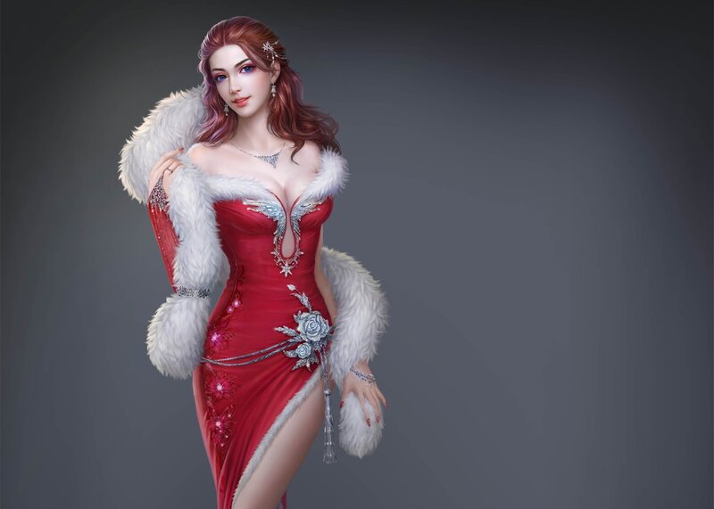 Woman in Red Dress — Dramatic, Digital Art, Fur Coat