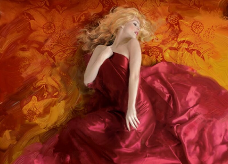 Woman in Red Dress — Dramatic, Digital Art, Hair, Background
