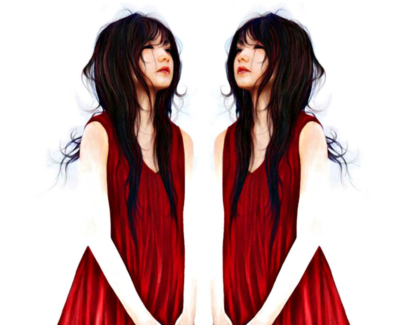 Woman in Red Dress — Dramatic, Digital Art, Hair, Mirror