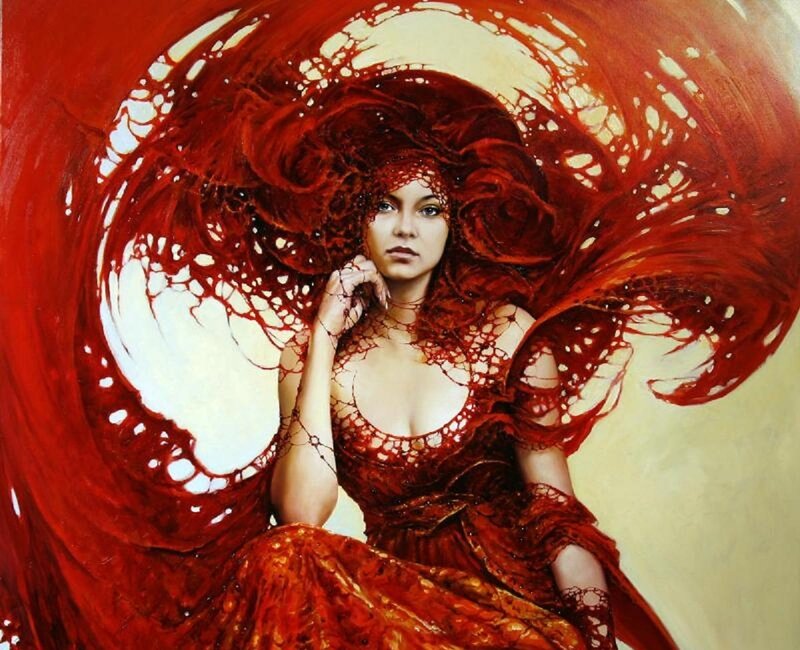 Woman in Red Dress — Dramatic, Digital Art, Hair