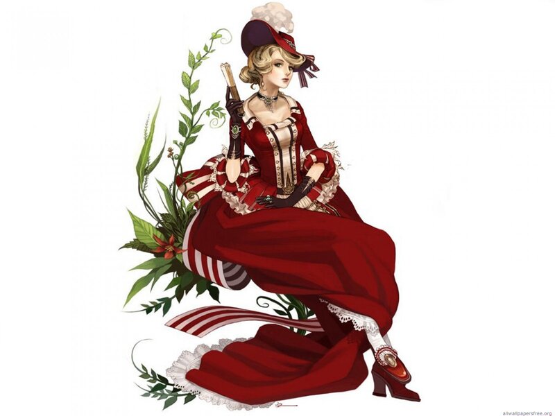 Woman in Red Dress — Dramatic, Digital Art, Hat, Plant