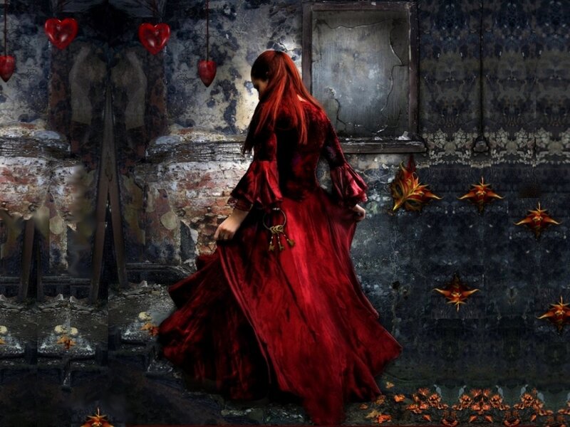 Woman in Red Dress — Dramatic, Digital Art, Hearts, Keys