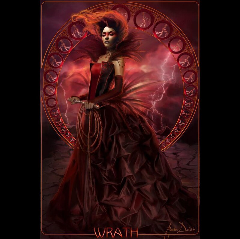 Woman in Red Dress — Dramatic, Digital Art, Lightning, Circle