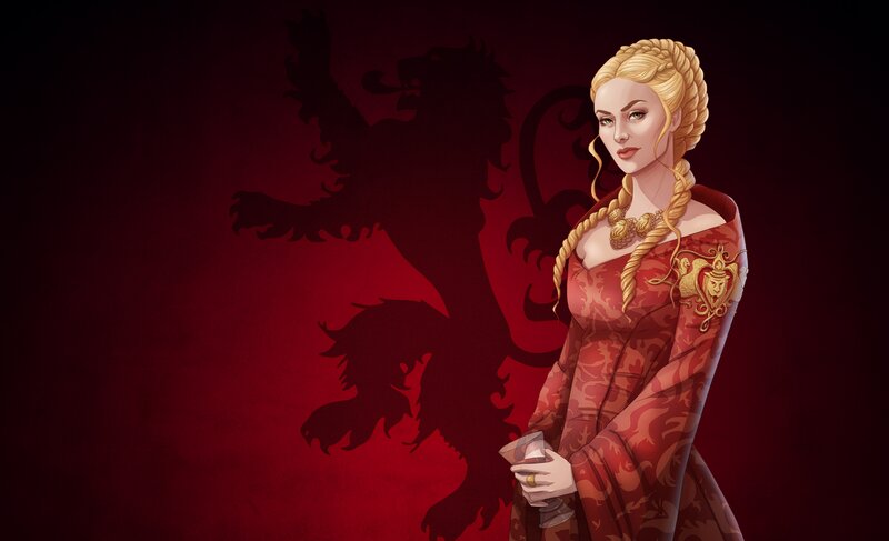 Woman in Red Dress — Dramatic, Digital Art, Lion Sigil