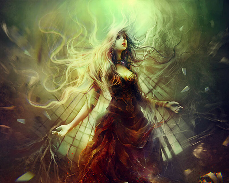 Woman in Red Dress — Dramatic, Digital Art, Long Hair, Light