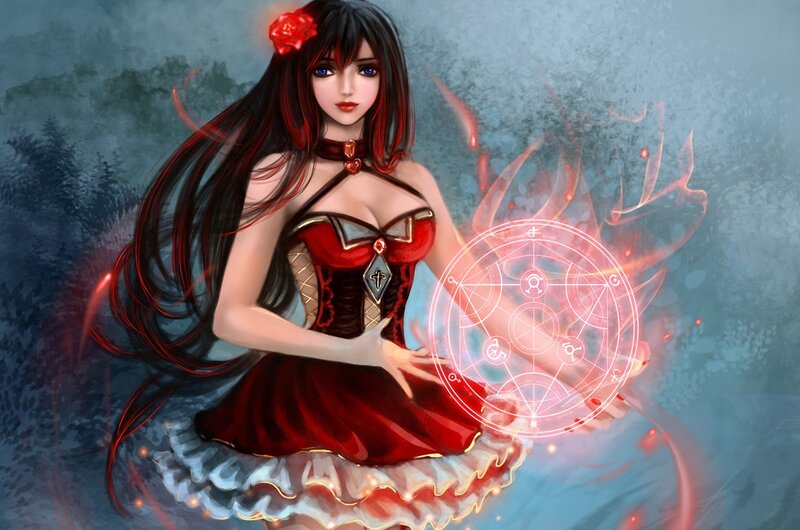 Woman in Red Dress — Dramatic, Digital Art, Magic Circle